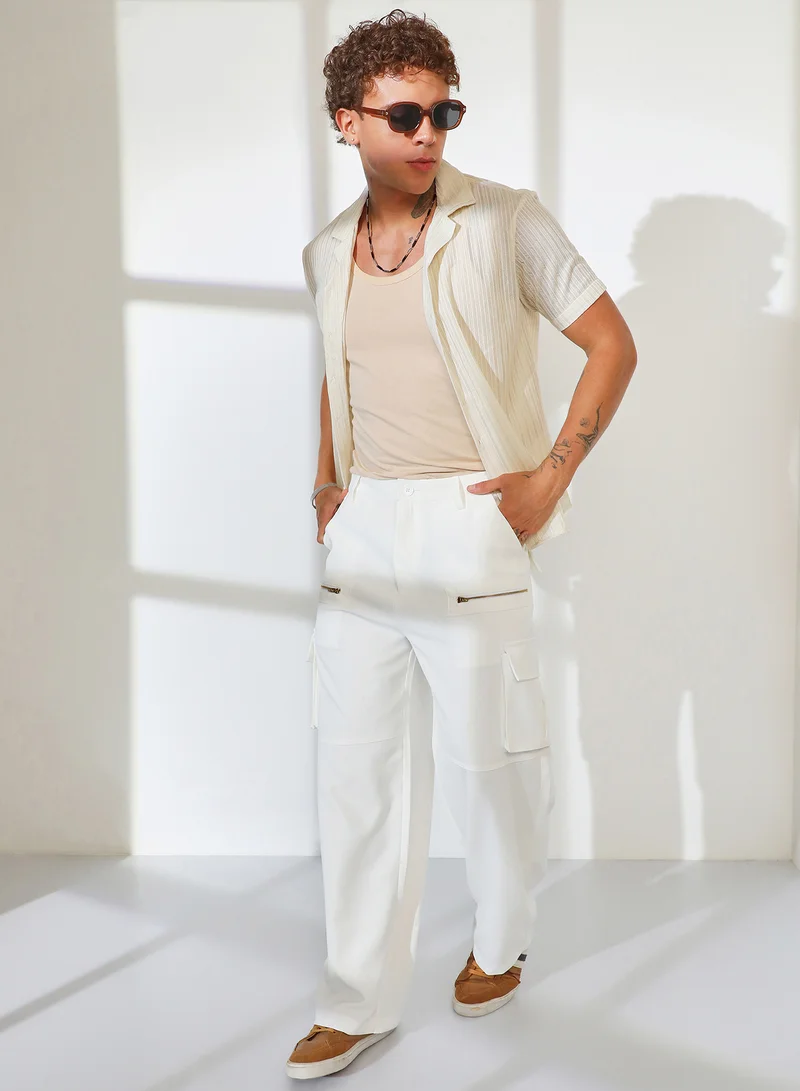 CAHOOT  Men's Chalk White Straight-Fit Utility Trousers For Casual Wear | Mid-Rise | 8 Pockets | Button Closure | Cargo Pants Crafted With Comfort Fit For Everyday Wear for Men | Best Price UAE